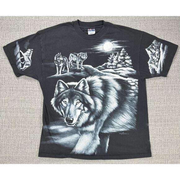 Vintage Wolf Shirt Mens XL Hanes Wilderness Nature Moon Graphic USA 90s Tee - Picture 1 of 13